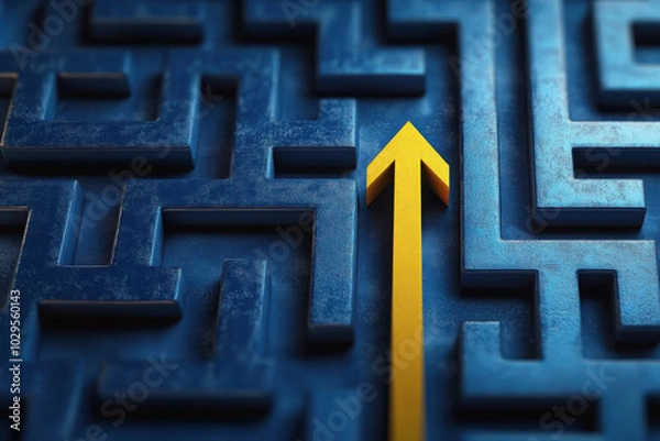 Fototapeta A labyrinth maze with a glowing yellow path on a blue background suggesting a concept of problem solving. 3D Rendering
