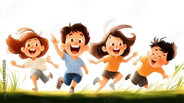 Fototapeta A group of four happy children running freely through a colorful breezy meadow, capturing the essence of joy, freedom, and playfulness in an animated style.