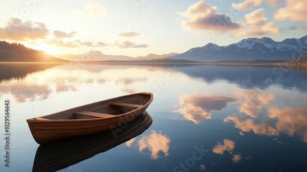 Fototapeta small wooden boat is floating on the calm lake