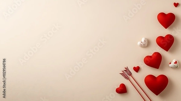 Fototapeta A whimsical flat lay of Cupid’s arrow and heart-themed decorations, arranged with a clear space for Valentine’s Day messages.