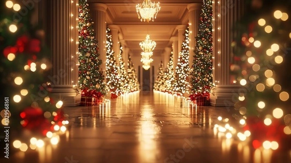 Fototapeta A beautifully decorated hallway adorned with Christmas trees and sparkling lights, creating a warm holiday ambiance.