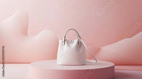 Fototapeta A stylish white handbag displayed elegantly on a pink platform against a soft pink background, showcasing modern design and aesthetics.