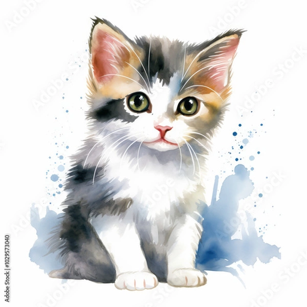 Fototapeta Watercolor Painting of a Cute Kitten with Adorable Big Eyes on a White Background. Perfect for Animal Lovers and Pet-Themed Decor.