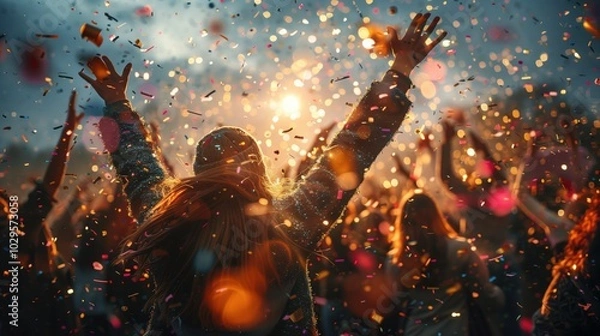 Obraz Vibrant celebration scene with people reveling in a colorful burst of confetti against a glowing, festive sunset, perfect for holiday celebrations and New Year's event promotions and social media