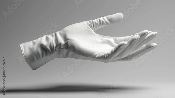 Fototapeta An elegant white gloved hand is shown reaching out against a gray background, creating a serene and classy visual effect.