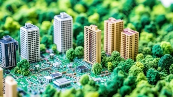 Obraz Miniature Cityscape on a Circuit Board Surrounded by Green Foliage