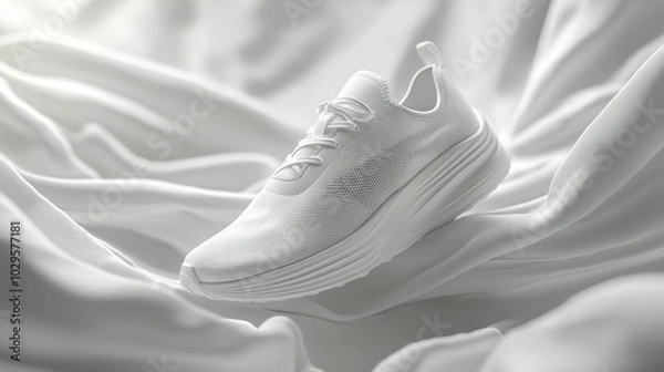 Fototapeta A stylish white athletic shoe placed elegantly on soft white fabric, showcasing its modern design and texture. Perfect for sports enthusiasts.