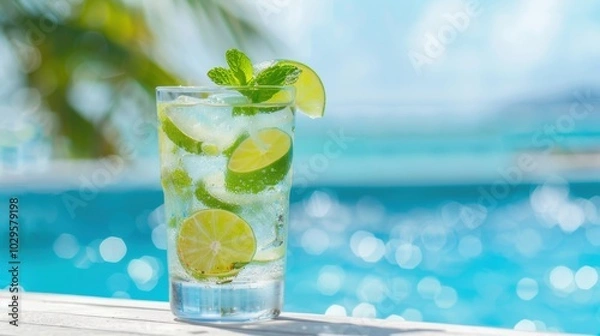 Fototapeta Refreshing mojito cocktail with lime and mint by the seaside. Bright and vibrant summer drink, perfect for sunny beach days.