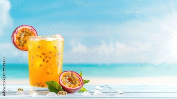 Fototapeta Refreshing passion fruit drink with ice on a sunny beach background, capturing the essence of summer relaxation and tropical delight.