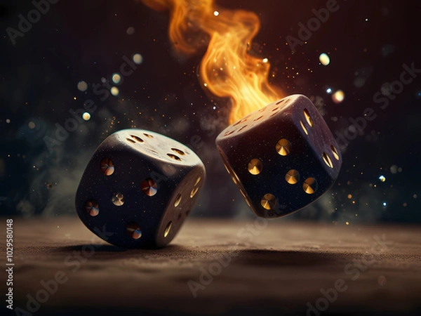 Fototapeta A pair of dice being thrown into the air, surrounded by stardust and fire. The dice symbolize Aries’ love for risk, with fate always hanging in the balance, ready to land in unpredictability. 