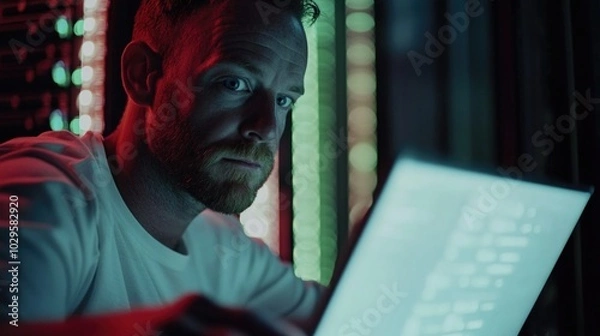 Fototapeta Focused Individual Working on Laptop