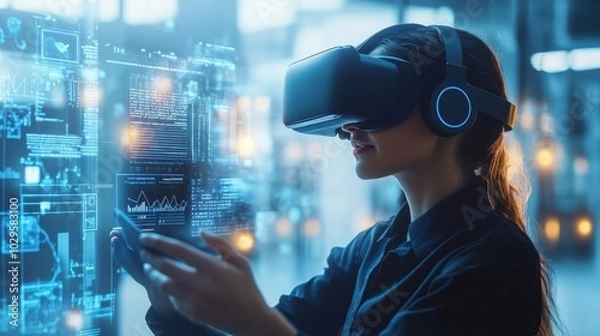 Fototapeta Woman wears VR goggles, interacting with holographic digital interfaces, showcasing advancements in virtual reality technology.