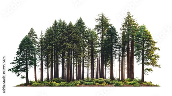 Fototapeta A dense forest of towering evergreen trees with lush greenery, capturing the essence of nature's tranquility and wilderness.