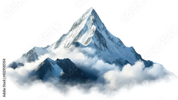 Fototapeta A majestic snowy mountain peak rising above fluffy clouds, showcasing natural beauty and serenity in a breathtaking alpine landscape.