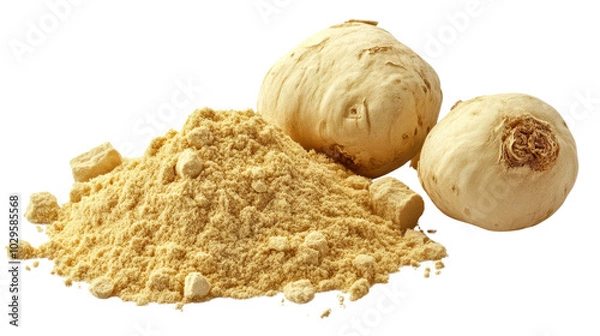 Fototapeta Close-up of maca root powder and whole roots on a white background, showcasing its raw, organic texture and use in natural health products.