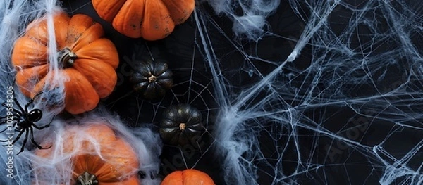 Fototapeta Halloween scene, dark background, cobwebs, pumpkins, black spiders, top view, copy space.