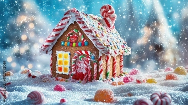 Fototapeta Festive gingerbread house decorated with colorful candies on a snowy surface. High resolution illustration