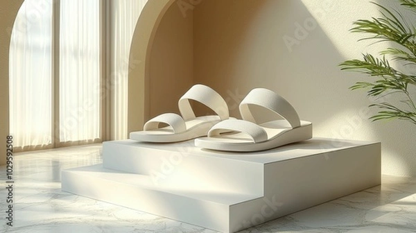 Fototapeta The image features a pair of elegant white sandals displayed on a minimal pedestal in a bright, airy room. Perfect for modern footwear styling.