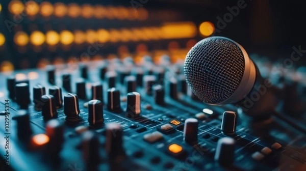 Fototapeta A close-up of a microphone on a sound mixing console with illuminated controls.