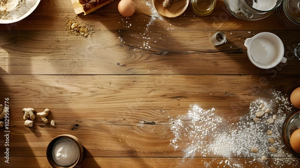 Fototapeta  Top down view of a wooden table with baking items 