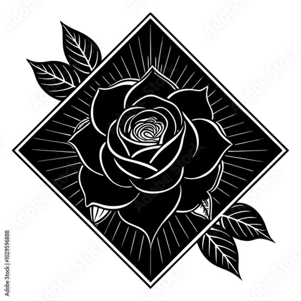 Fototapeta  monochromatic line art quilt of flowers, pattern white background black foreground sharp edges with just one red velvet rose and space for typography, pattern white background black foreground sharp 
