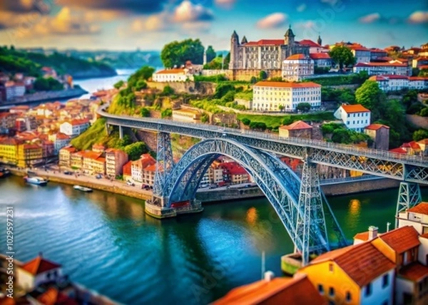 Obraz Stunning Tilt-Shift Photography of Puente Oporto with Vibrant Cityscape and River Reflections