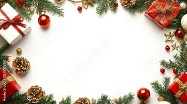 Fototapeta Festive arrangement featuring Christmas decorations, including red gifts, ornaments, and greenery, creating a cheerful holiday atmosphere. copy space