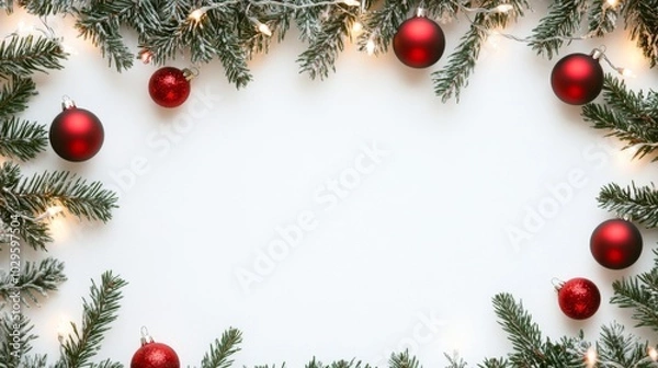 Fototapeta Festive arrangement of red Christmas ornaments and evergreen branches with soft glowing lights, creating a cheerful holiday atmosphere. copy space