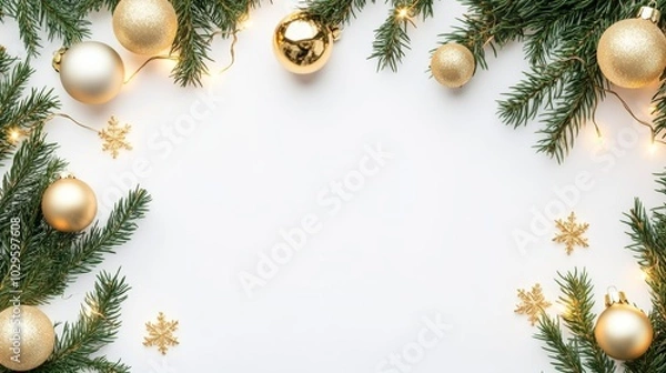 Fototapeta A festive arrangement of evergreen branches and golden ornaments, creating a warm, inviting frame for holiday messages or decorations. copy space