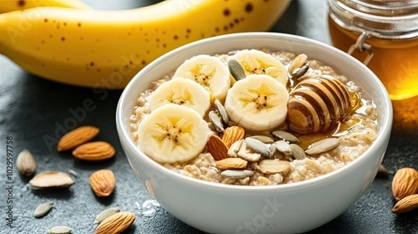 Fototapeta A bowl of oatmeal with banana, honey, and almonds. It’s a healthy and delicious breakfast option for those who want a nutritious start to their day.
