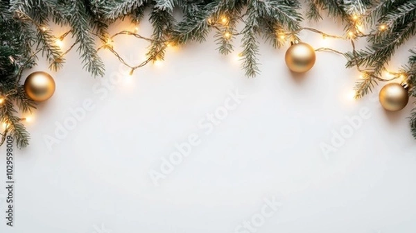 Fototapeta A festive arrangement of evergreen branches and golden ornaments, creating a warm, inviting frame for holiday messages or decorations. copy space
