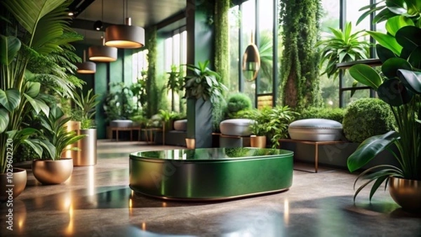 Obraz Surreal Elegance: Dark Green Metal Box in Modern Interior with Plants and Mirrors
