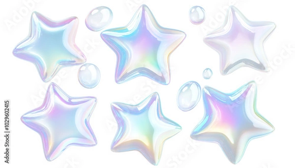 Fototapeta A set of star shaped, translucent soap bubbles with iridescent reflections, floating in various sizes, isolated on transparent background