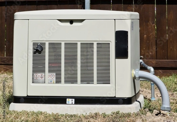 Fototapeta Standby home generator set in residential backyard emergency backup power supply.	