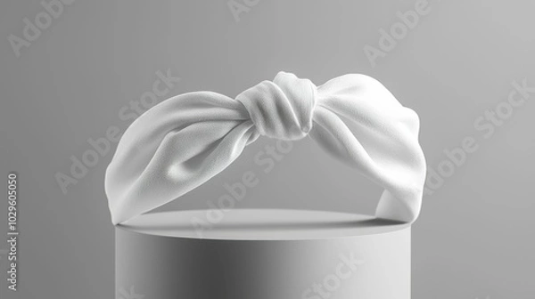 Fototapeta A realistic display featuring a white fabric headband tied in a knot, positioned elegantly on a minimalist cylindrical pedestal against a neutral background.