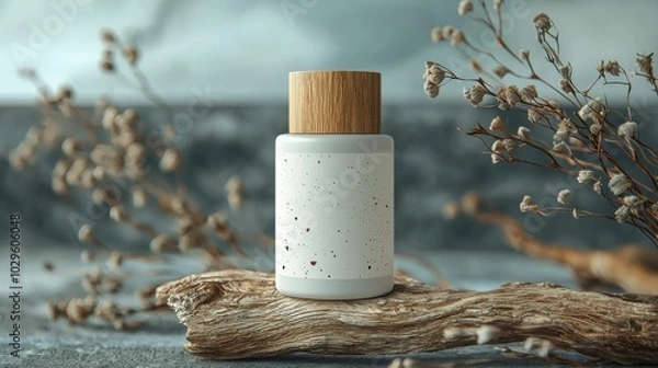 Fototapeta A minimalist product display of a white jar with a wooden lid, surrounded by dried flowers on a natural wooden surface, creating a serene ambiance.
