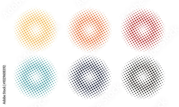 Obraz Set of colored halftone dots faded gradient texture. Grunge halftone dot grit background. Sand noise retro pixelated vector backdrop circle halftone. Abstract dotted circles, around halftones