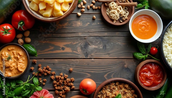 Obraz vegetables and spices on wooden table
