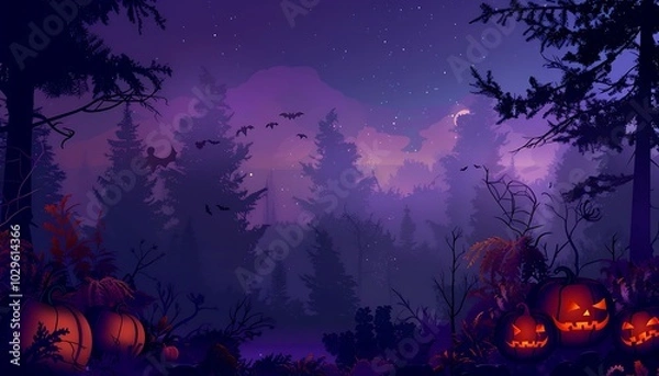 Fototapeta Night sky Halloween scene with pumpkins, dark trees, fog, purple theme, large top left copy space, detailed vector art, spooky foliage.