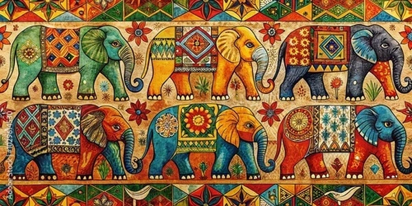 Obraz Vibrant African Pattern Tile with Elephants - Vintage Style Photography for Home Decor and Creative Projects