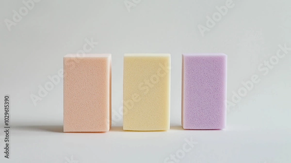 Fototapeta a front, slightly angled view of three kitchen sponges placed upright and spaced equally in the center of a white background