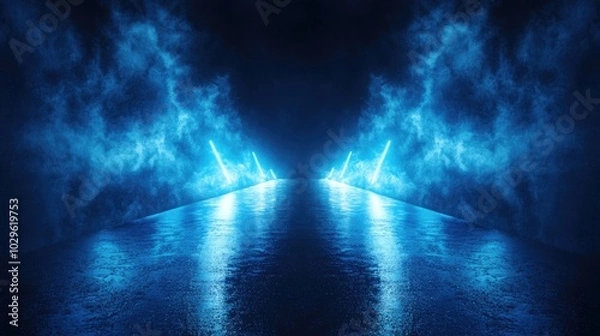 Fototapeta Blue neon lights illuminate a wet road. Perfect for cyberpunk, sci-fi, and futuristic themes.