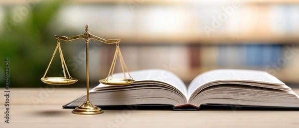 Fototapeta A balanced scale and an open law book on a wooden table, symbolizing justice and legal knowledge, blurred library background.