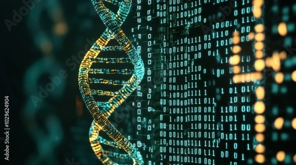 Obraz Close-up view of a DNA double helix against a digital backdrop with binary code, symbolizing genetic research and technology.