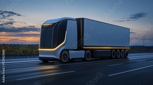 Fototapeta Futuristic electric truck on the highway during dusk, showcasing innovative design and technology.
