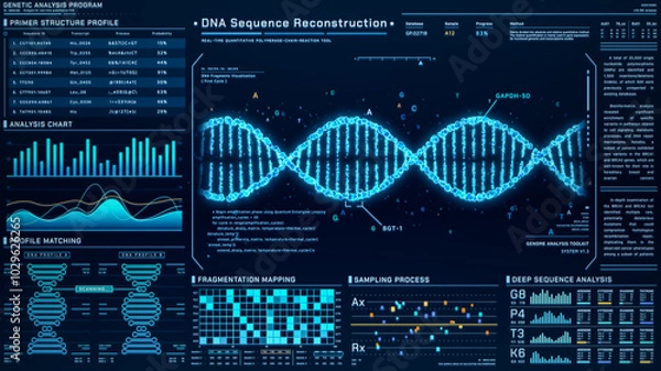 Fototapeta DNA Helix analysis visualization data, genome sequence ui screen, futuristic genetic engineering lab infographic interface, 3D biotechnology scan report dashboard, medical science technology backgound
