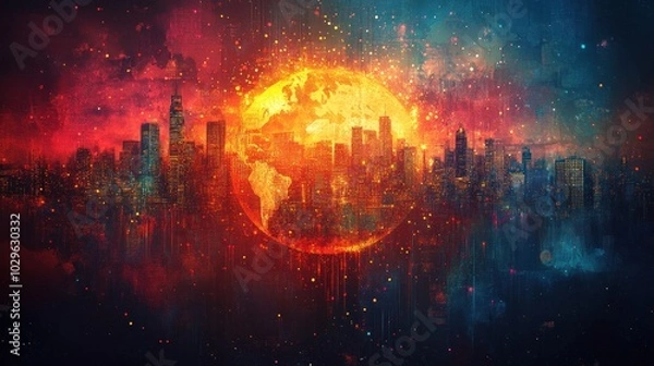 Obraz Burning Cityscape with Global Sun