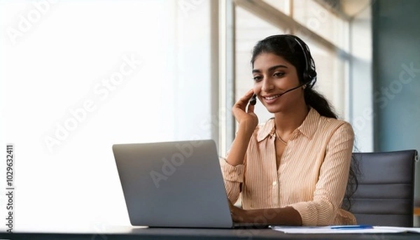 Fototapeta Happy Indian call center agent wearing headset talking to client working in customer support office. Professional contract service telemarketing operator using laptop having conversation. Candid shot