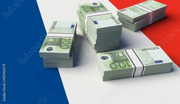 Fototapeta Stack of money on a French Flag. 3D illustration