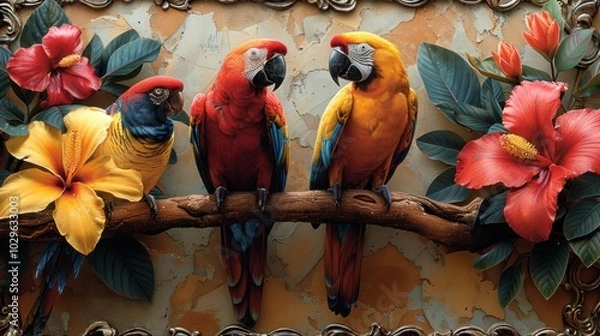 Obraz Three Parrots in a Tropical Setting